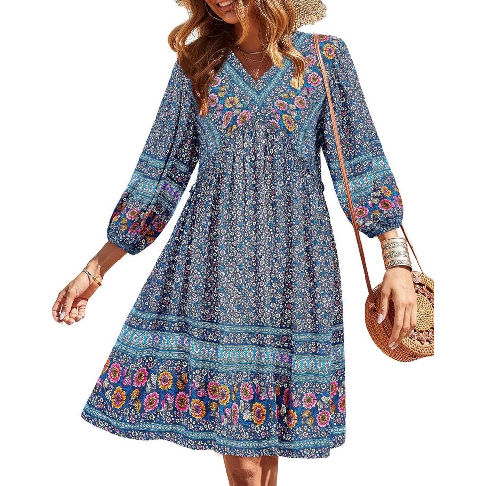 imageBTFBM Women Casual Spring Summer Dresses V Neck 34 Long Sleeve Ruffle Floral Flowy Boho Babydoll Mini Short Beach DressFloral White Blue Grey