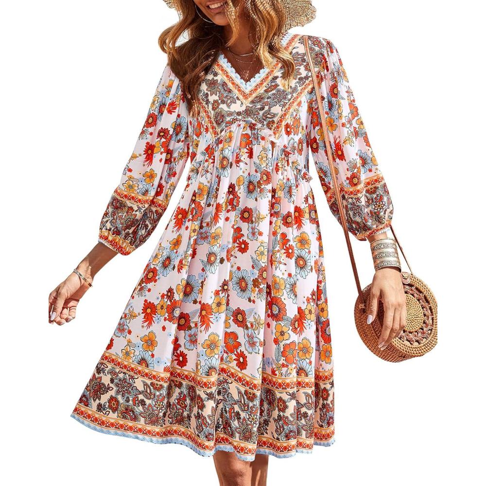 imageBTFBM Women Casual Spring Summer Dresses V Neck 34 Long Sleeve Ruffle Floral Flowy Boho Babydoll Mini Short Beach DressFloral White Red