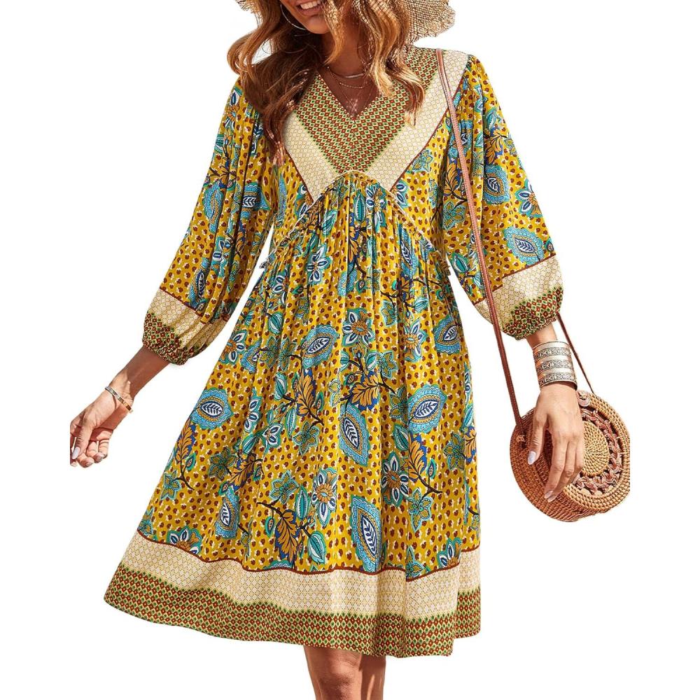 imageBTFBM Women Casual Spring Summer Dresses V Neck 34 Long Sleeve Ruffle Floral Flowy Boho Babydoll Mini Short Beach DressFloral Yellow Apricot