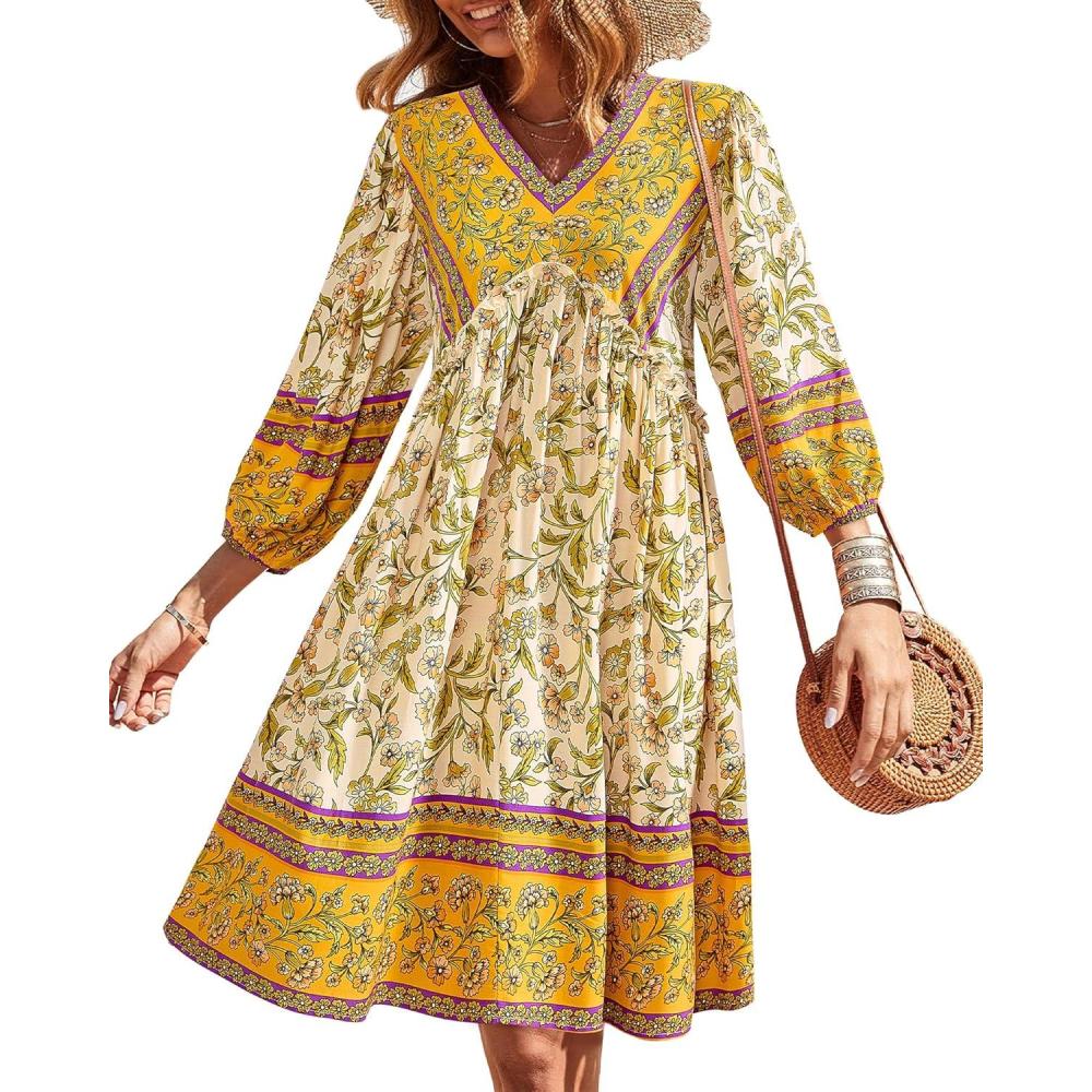 imageBTFBM Women Casual Spring Summer Dresses V Neck 34 Long Sleeve Ruffle Floral Flowy Boho Babydoll Mini Short Beach DressFloral Yellow White