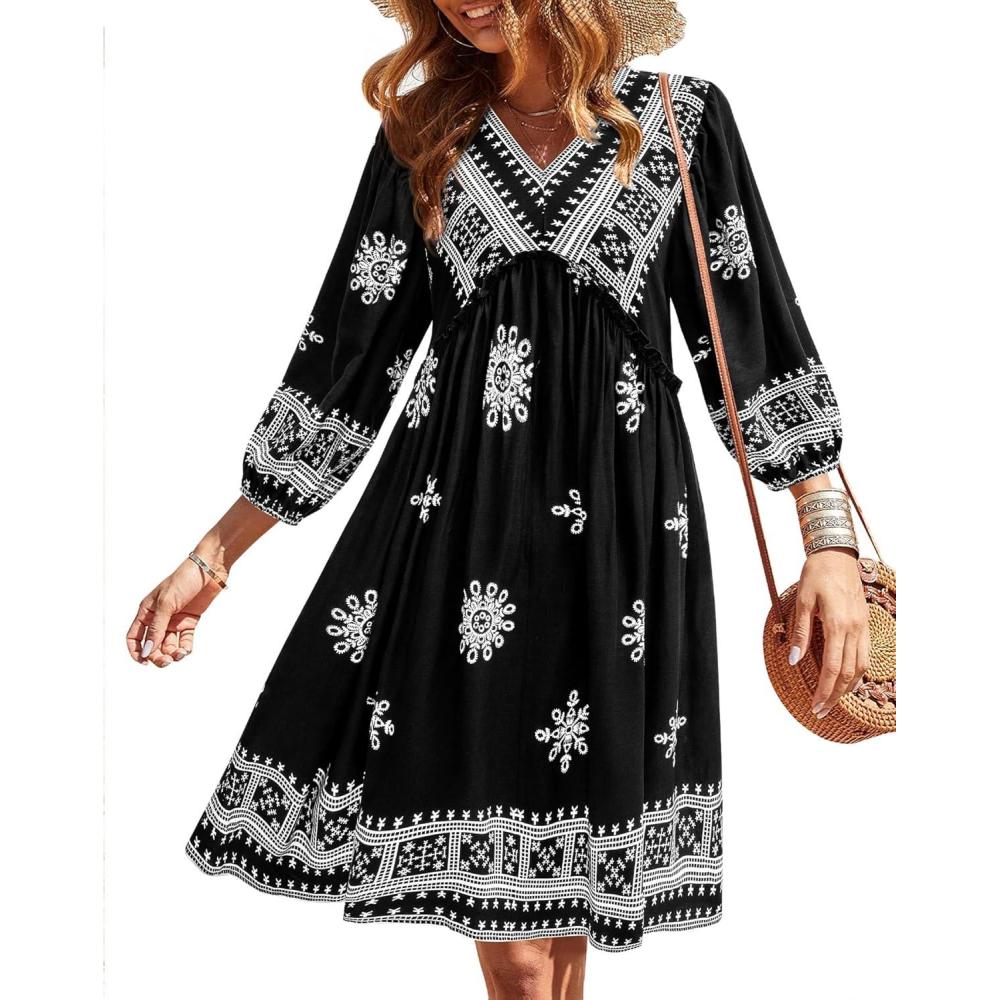 imageBTFBM Women Casual Spring Summer Dresses V Neck 34 Long Sleeve Ruffle Floral Flowy Boho Babydoll Mini Short Beach DressPrint Black