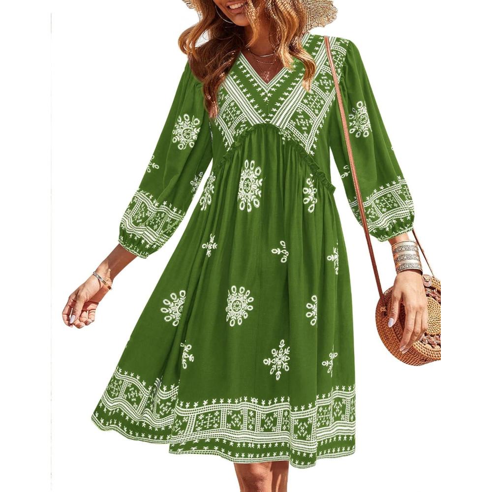 imageBTFBM Women Casual Spring Summer Dresses V Neck 34 Long Sleeve Ruffle Floral Flowy Boho Babydoll Mini Short Beach DressPrint Green