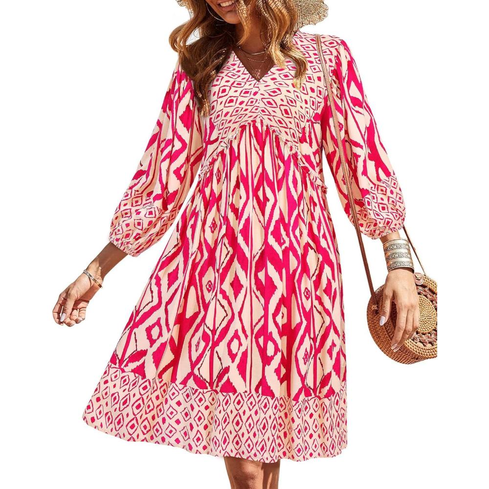 imageBTFBM Women Casual Spring Summer Dresses V Neck 34 Long Sleeve Ruffle Floral Flowy Boho Babydoll Mini Short Beach DressPrint Rose Red