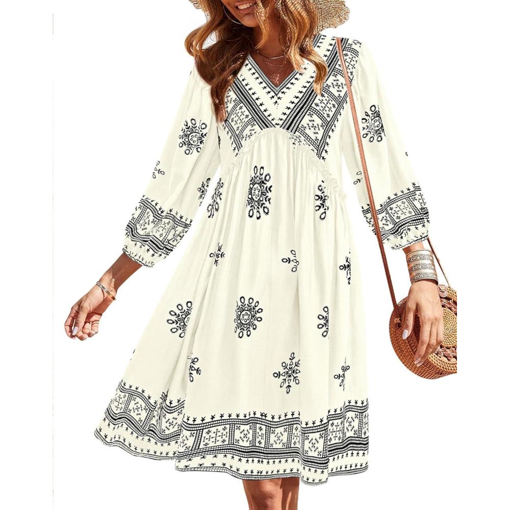 imageBTFBM Women Casual Spring Summer Dresses V Neck 34 Long Sleeve Ruffle Floral Flowy Boho Babydoll Mini Short Beach DressPrint White