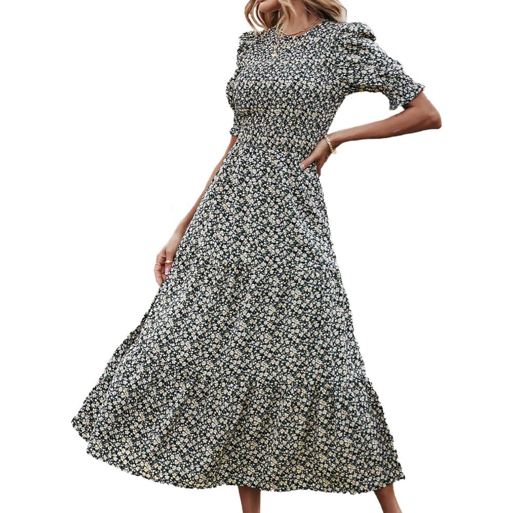 imageBTFBM Women Casual Summer Dresses 2026 Spring Crew Neck Ruffle Short Sleeve Smocked Floral Boho Flowy Maxi Dress ClothesFloral Black Apricot