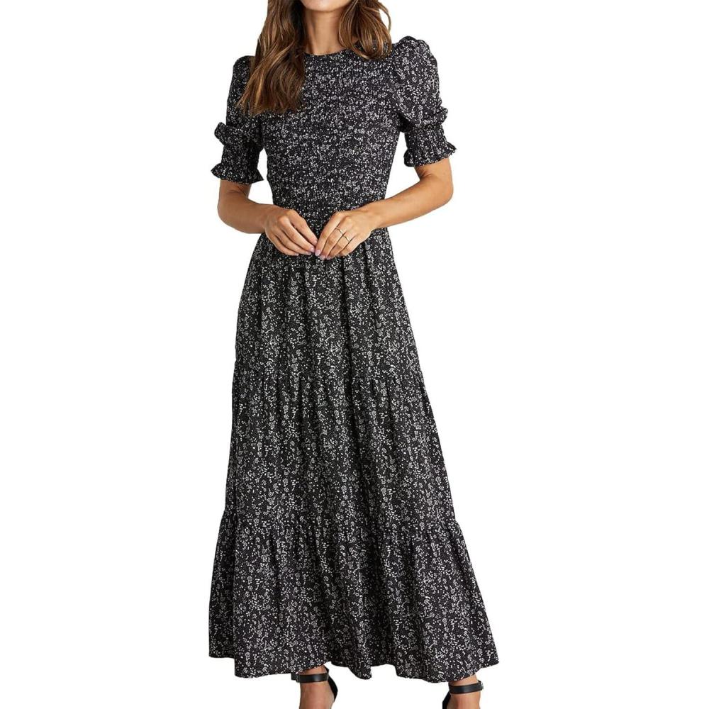 imageBTFBM Women Casual Summer Dresses 2026 Spring Crew Neck Ruffle Short Sleeve Smocked Floral Boho Flowy Maxi Dress ClothesFloral Black White