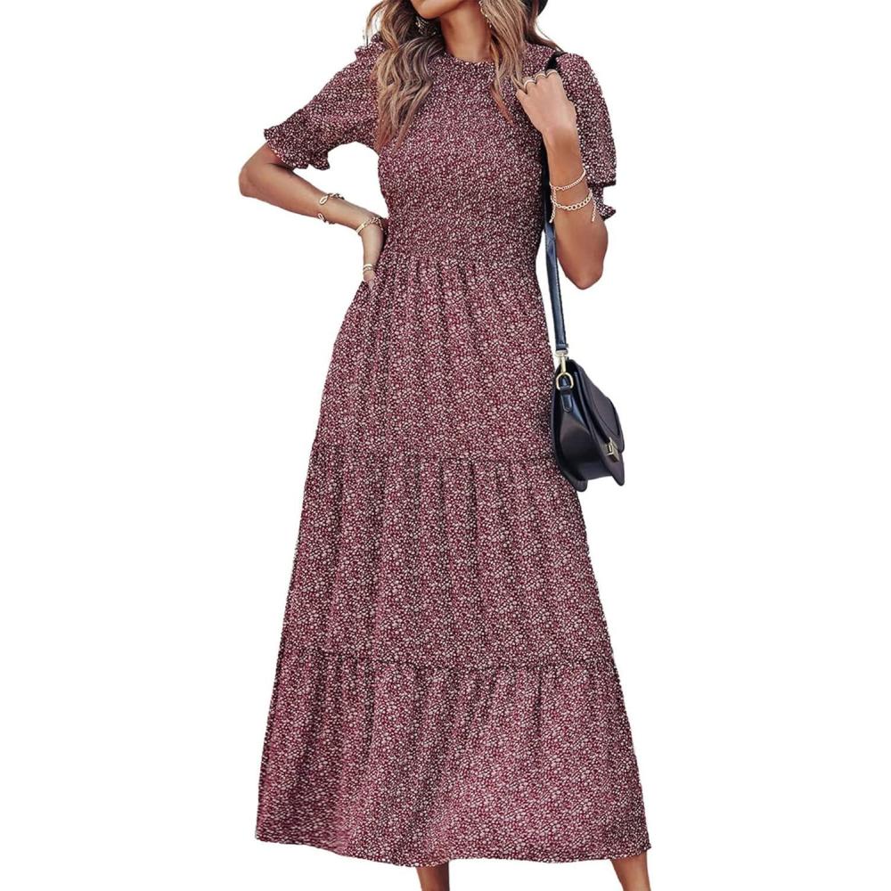 imageBTFBM Women Casual Summer Dresses 2026 Spring Crew Neck Ruffle Short Sleeve Smocked Floral Boho Flowy Maxi Dress ClothesFloral Wine Red White