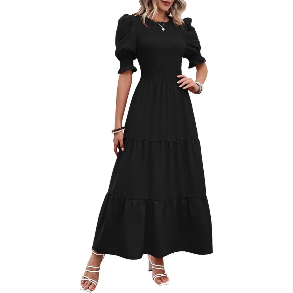 imageBTFBM Women Casual Summer Dresses 2026 Spring Crew Neck Ruffle Short Sleeve Smocked Floral Boho Flowy Maxi Dress ClothesSolid Black