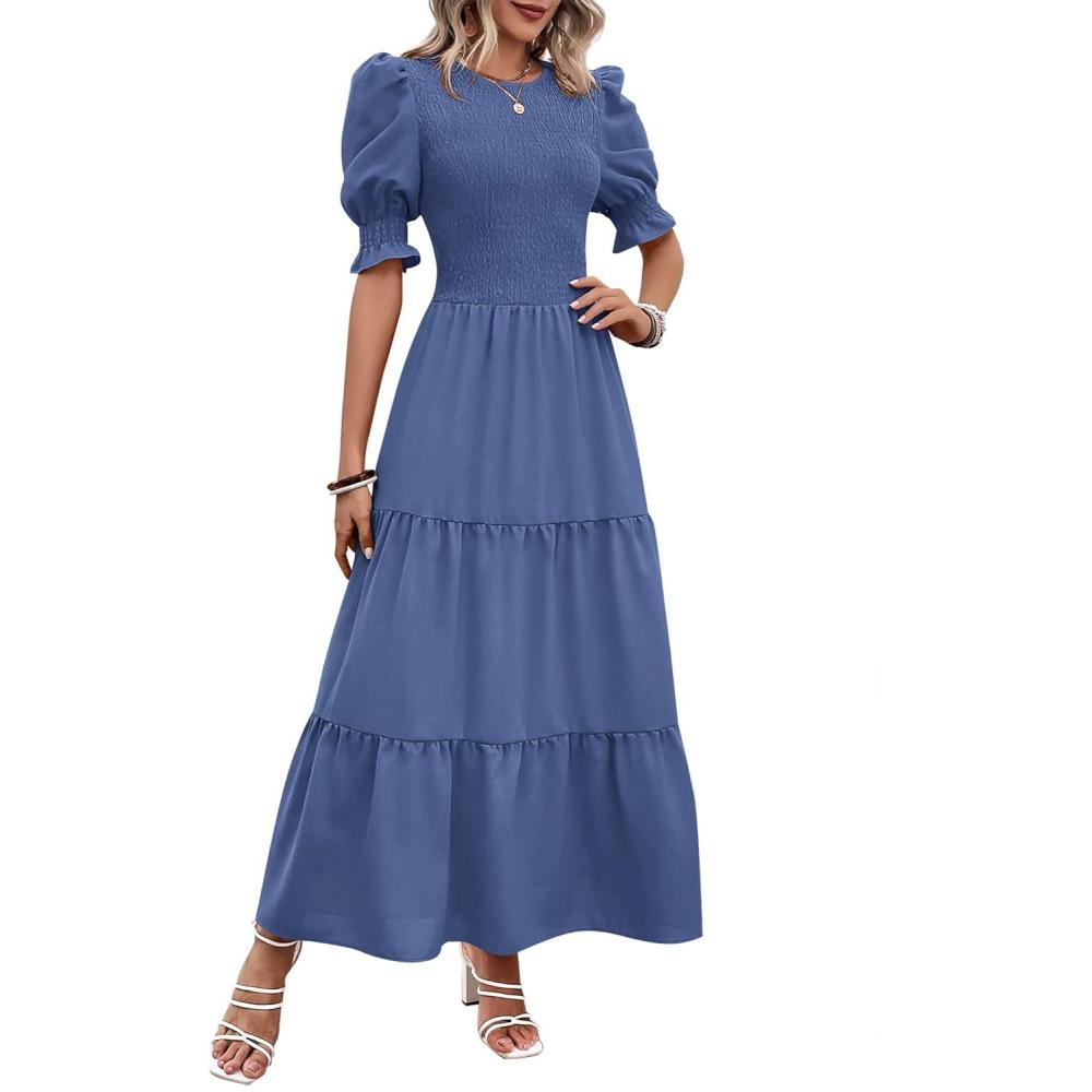 imageBTFBM Women Casual Summer Dresses 2026 Spring Crew Neck Ruffle Short Sleeve Smocked Floral Boho Flowy Maxi Dress ClothesSolid Grey Blue