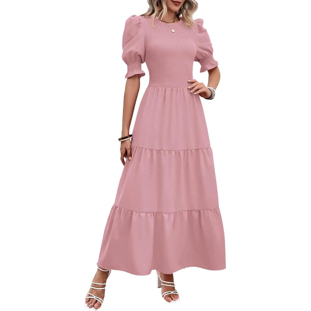 imageBTFBM Women Casual Summer Dresses 2026 Spring Crew Neck Ruffle Short Sleeve Smocked Floral Boho Flowy Maxi Dress ClothesSolid Light Pink