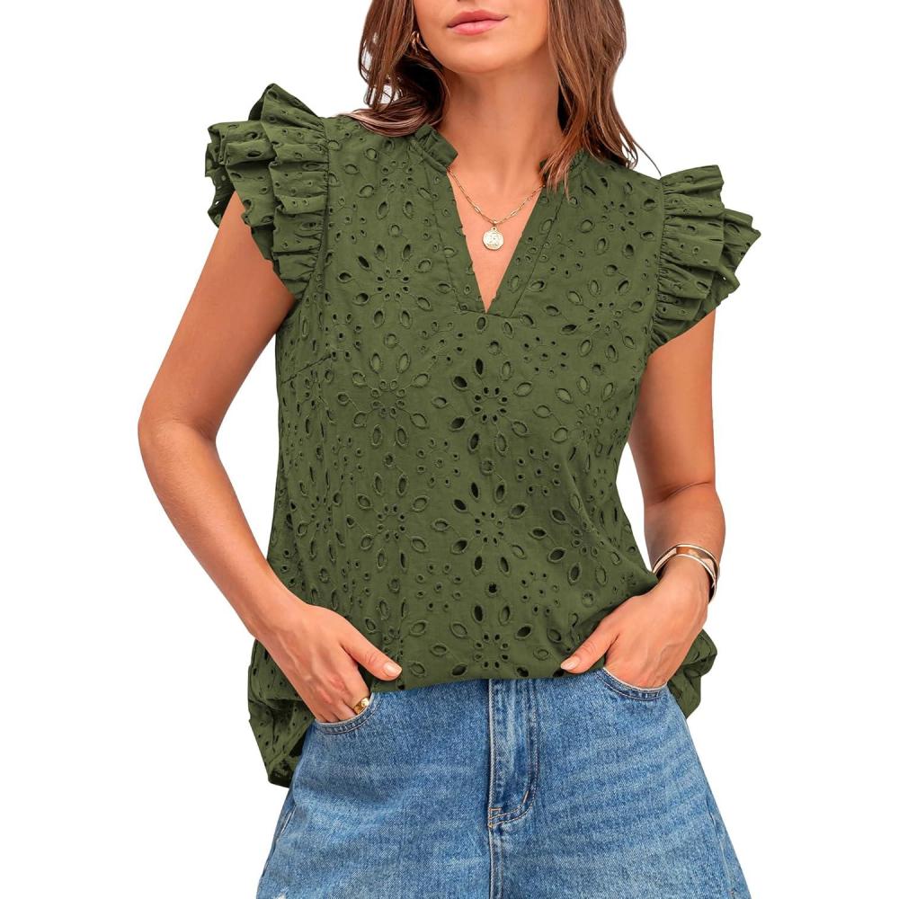imageBTFBM Women Eyelet Spring Summer Tops Dressy Casual V Neck Ruffle Cap Sleeve Cotton Boho Shirts Embroidered Blouses 2026Army Green