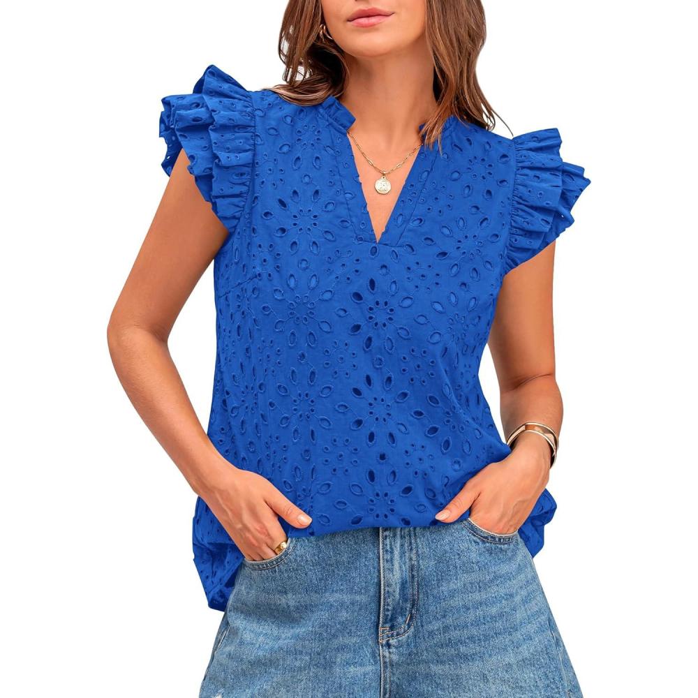 imageBTFBM Women Eyelet Spring Summer Tops Dressy Casual V Neck Ruffle Cap Sleeve Cotton Boho Shirts Embroidered Blouses 2026Blue