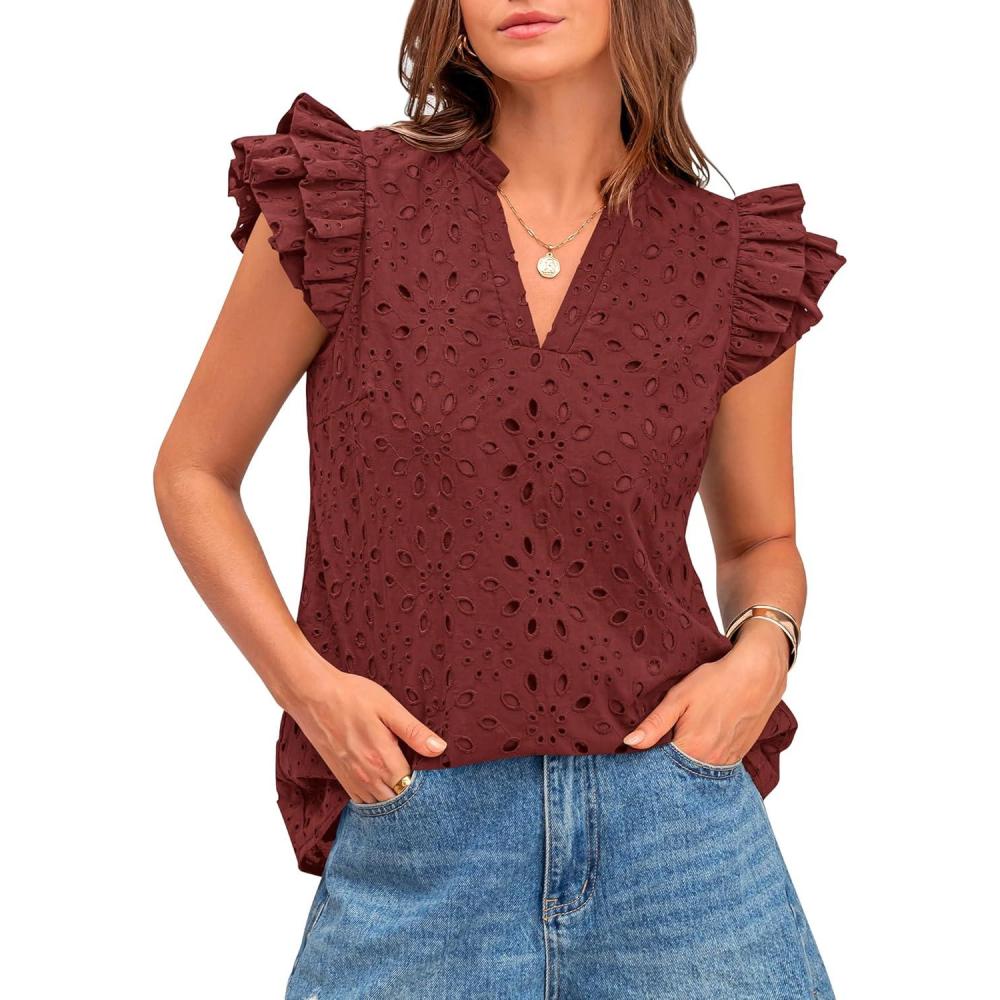 imageBTFBM Women Eyelet Spring Summer Tops Dressy Casual V Neck Ruffle Cap Sleeve Cotton Boho Shirts Embroidered Blouses 2026Brown Red