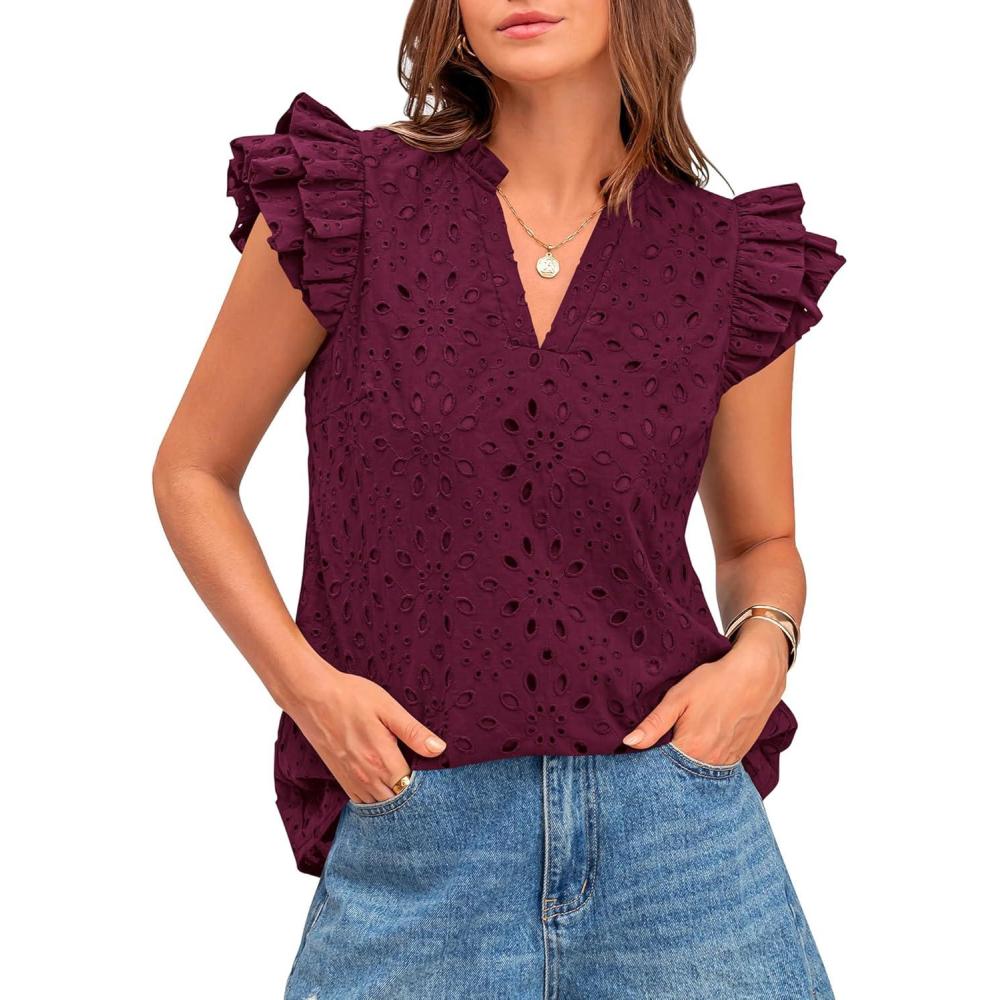 imageBTFBM Women Eyelet Spring Summer Tops Dressy Casual V Neck Ruffle Cap Sleeve Cotton Boho Shirts Embroidered Blouses 2026Burgundy