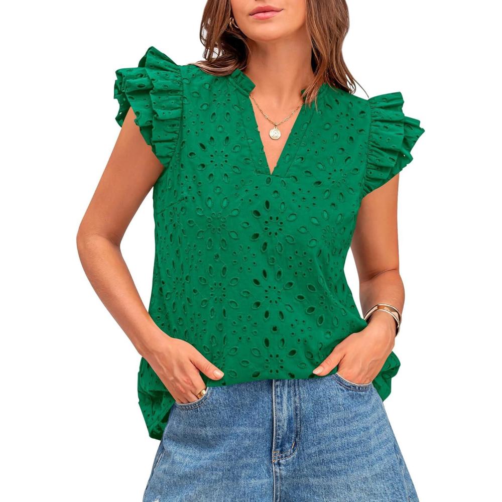 imageBTFBM Women Eyelet Spring Summer Tops Dressy Casual V Neck Ruffle Cap Sleeve Cotton Boho Shirts Embroidered Blouses 2026Dark Green
