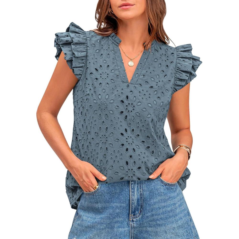 imageBTFBM Women Eyelet Spring Summer Tops Dressy Casual V Neck Ruffle Cap Sleeve Cotton Boho Shirts Embroidered Blouses 2026Grey Blue