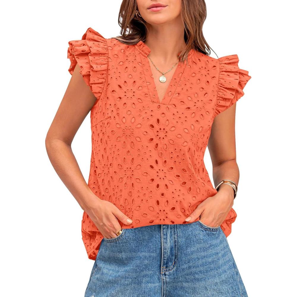imageBTFBM Women Eyelet Spring Summer Tops Dressy Casual V Neck Ruffle Cap Sleeve Cotton Boho Shirts Embroidered Blouses 2026Orange