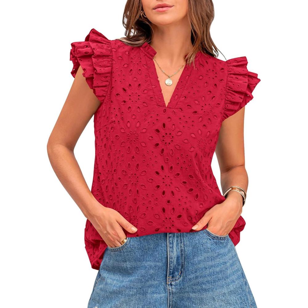 imageBTFBM Women Eyelet Spring Summer Tops Dressy Casual V Neck Ruffle Cap Sleeve Cotton Boho Shirts Embroidered Blouses 2026Red