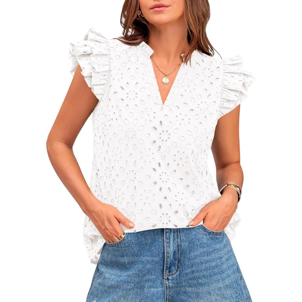 imageBTFBM Women Eyelet Spring Summer Tops Dressy Casual V Neck Ruffle Cap Sleeve Cotton Boho Shirts Embroidered Blouses 2026White