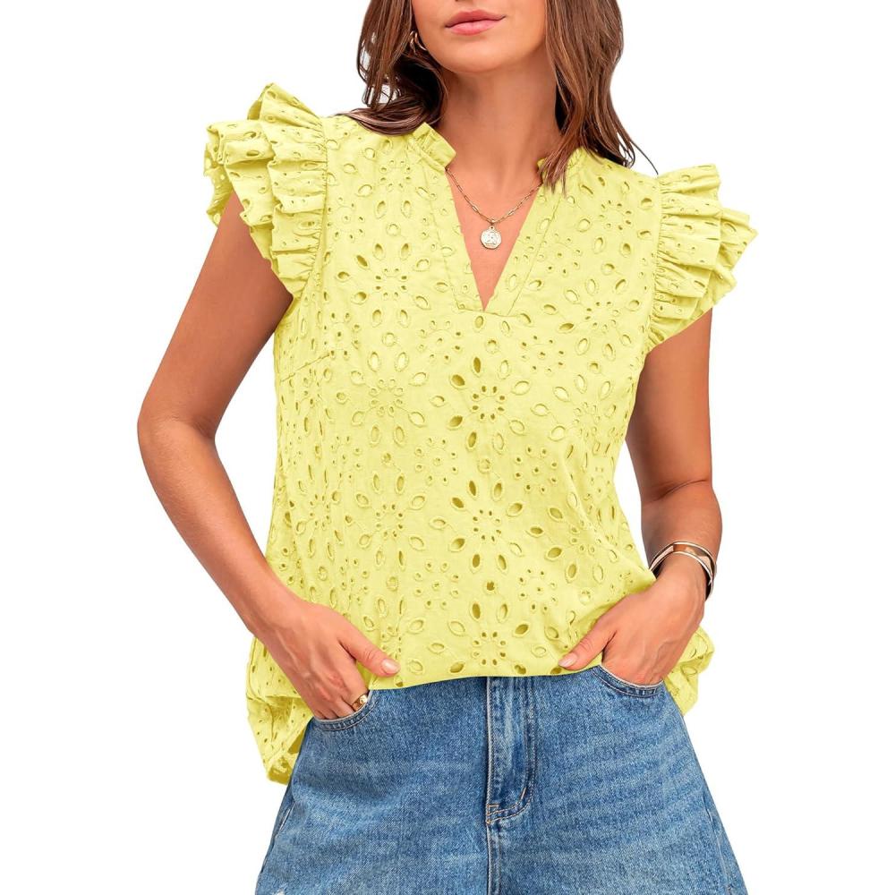 imageBTFBM Women Eyelet Spring Summer Tops Dressy Casual V Neck Ruffle Cap Sleeve Cotton Boho Shirts Embroidered Blouses 2026Yellow