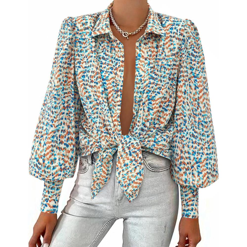imageBTFBM Women Fashion Button Down Shirts V Neck Printed Solid Boho Long Sleeve Blouses Dressy Casual Summer Fall TopsFloral Blue White
