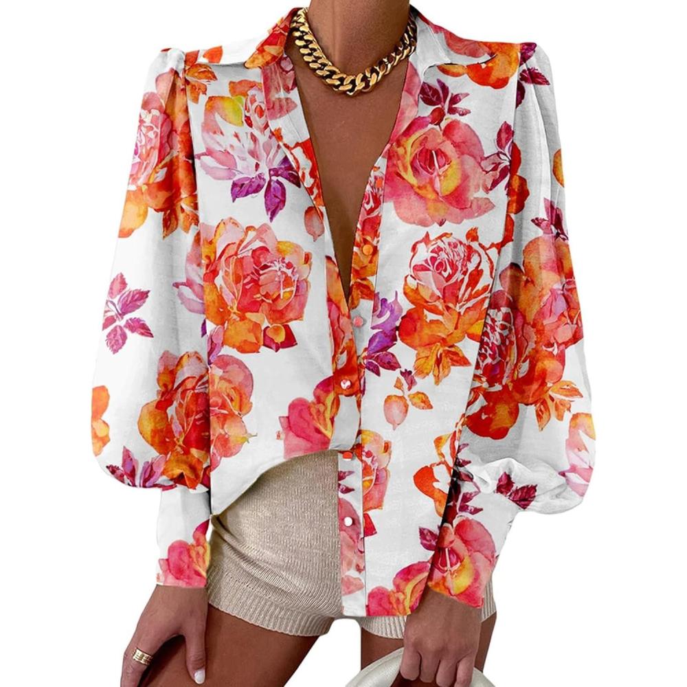 imageBTFBM Women Fashion Button Down Shirts V Neck Printed Solid Boho Long Sleeve Blouses Dressy Casual Summer Fall TopsFloral White Red