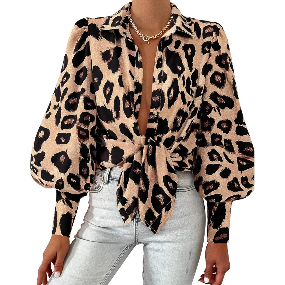 imageBTFBM Women Fashion Button Down Shirts V Neck Printed Solid Boho Long Sleeve Blouses Dressy Casual Summer Fall TopsLeopard Print