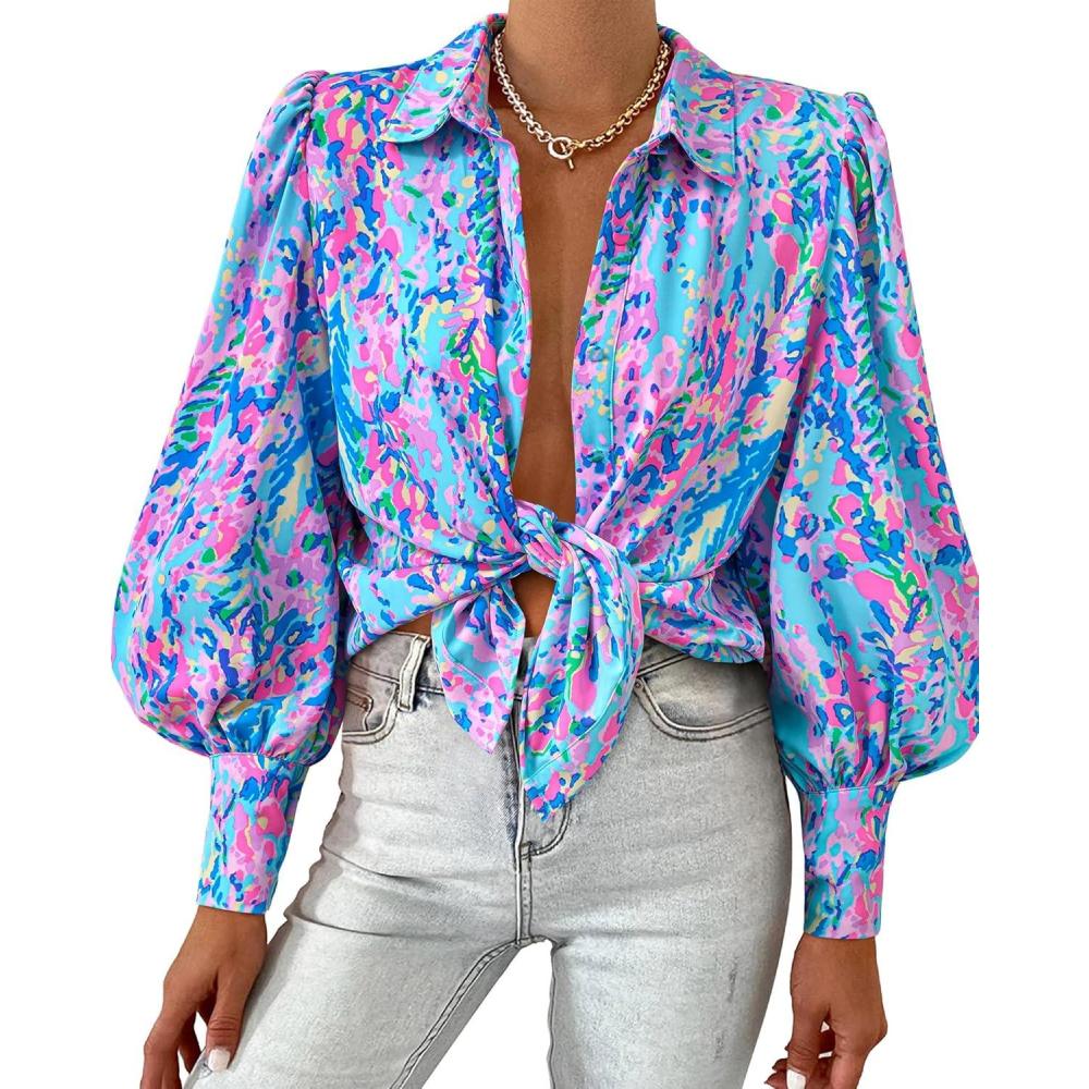 imageBTFBM Women Fashion Button Down Shirts V Neck Printed Solid Boho Long Sleeve Blouses Dressy Casual Summer Fall TopsMulti Blue Pink