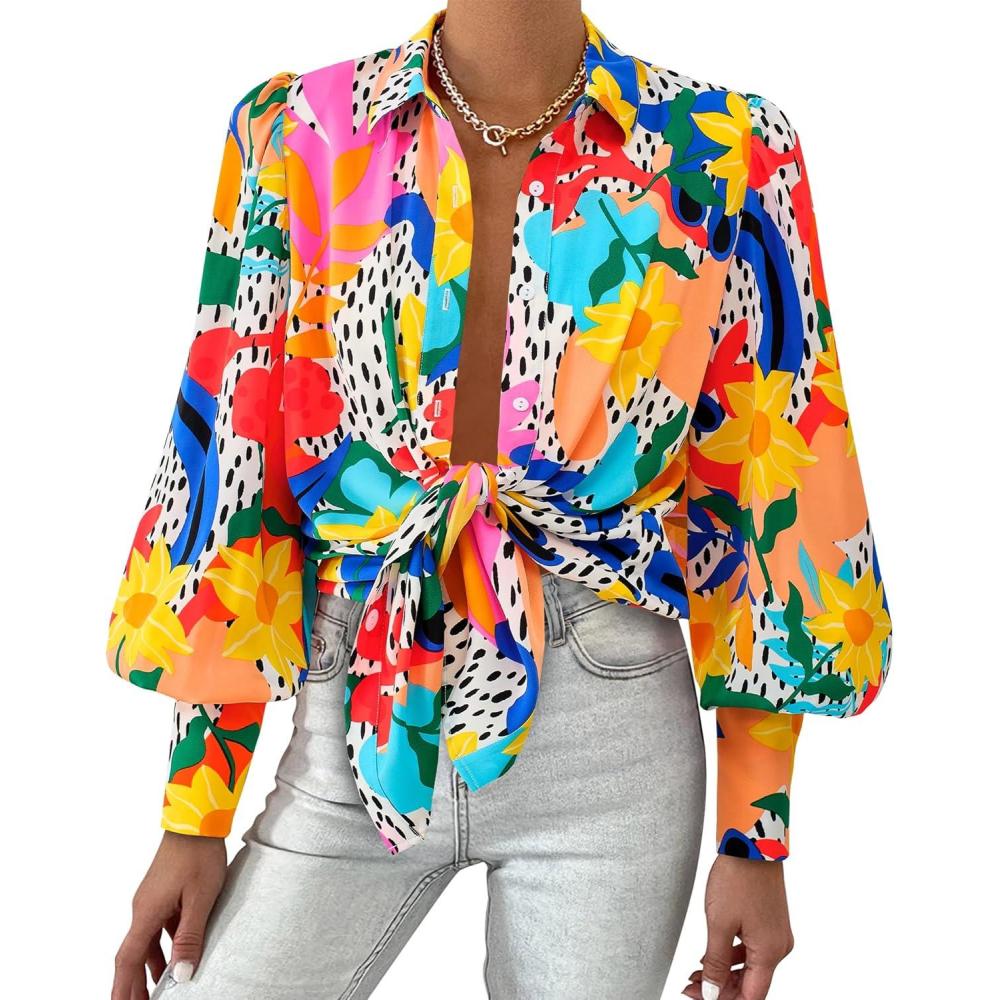 imageBTFBM Women Fashion Button Down Shirts V Neck Printed Solid Boho Long Sleeve Blouses Dressy Casual Summer Fall TopsMulti Orange