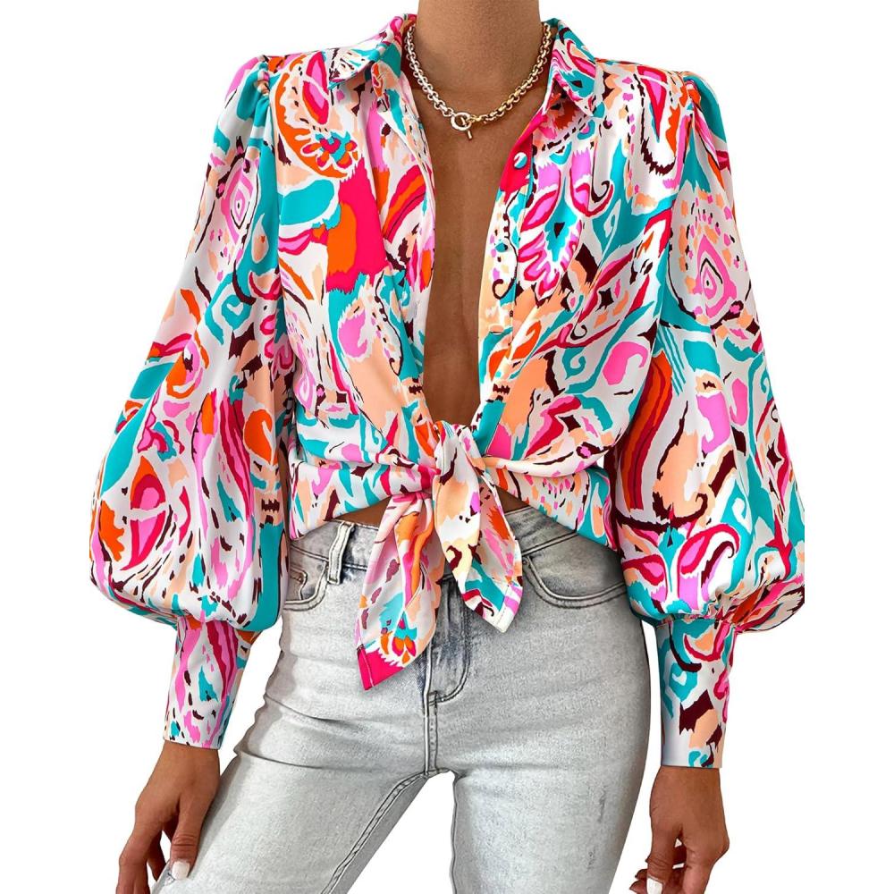 imageBTFBM Women Fashion Button Down Shirts V Neck Printed Solid Boho Long Sleeve Blouses Dressy Casual Summer Fall TopsMulti Pink Green