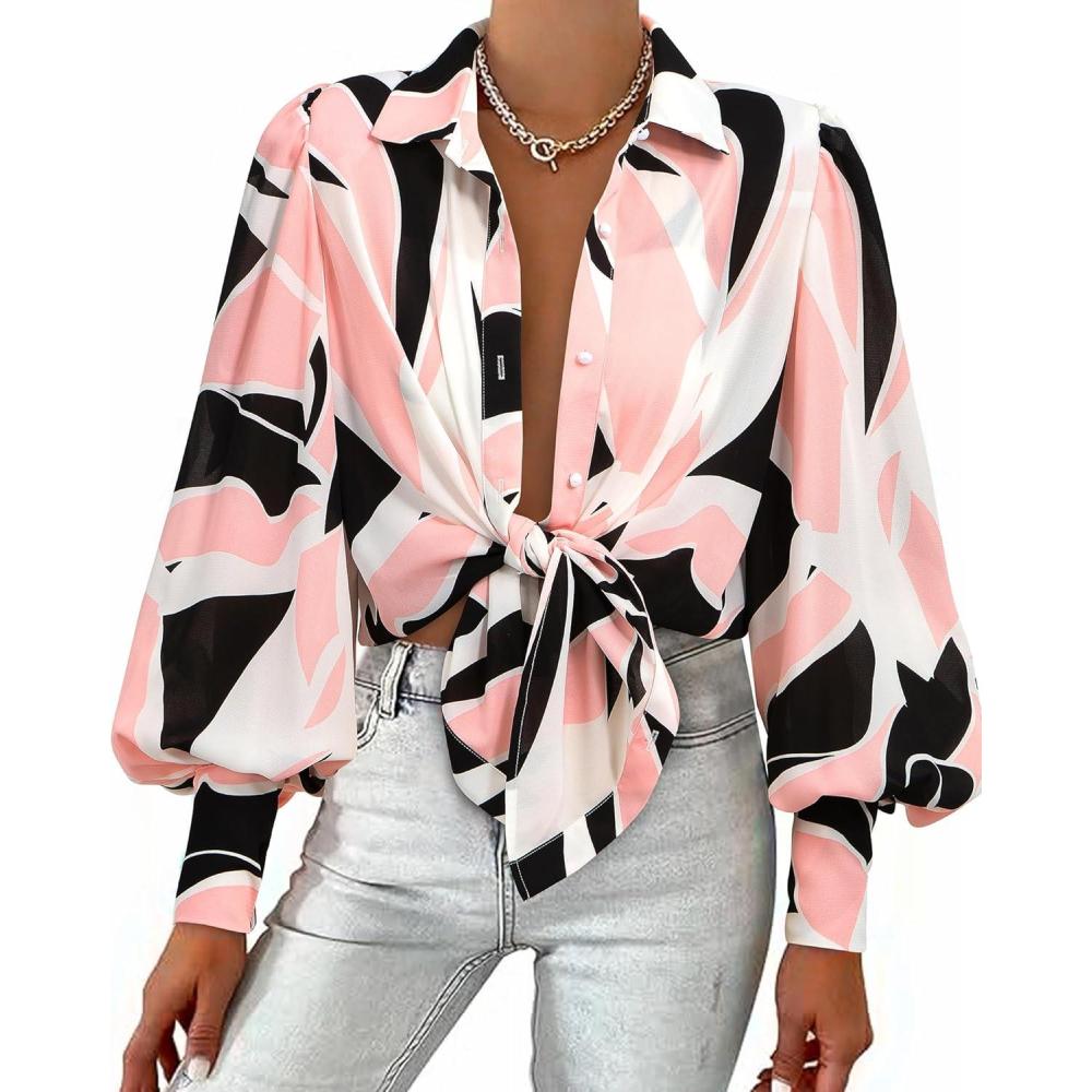 imageBTFBM Women Fashion Button Down Shirts V Neck Printed Solid Boho Long Sleeve Blouses Dressy Casual Summer Fall TopsPrint Black Pink