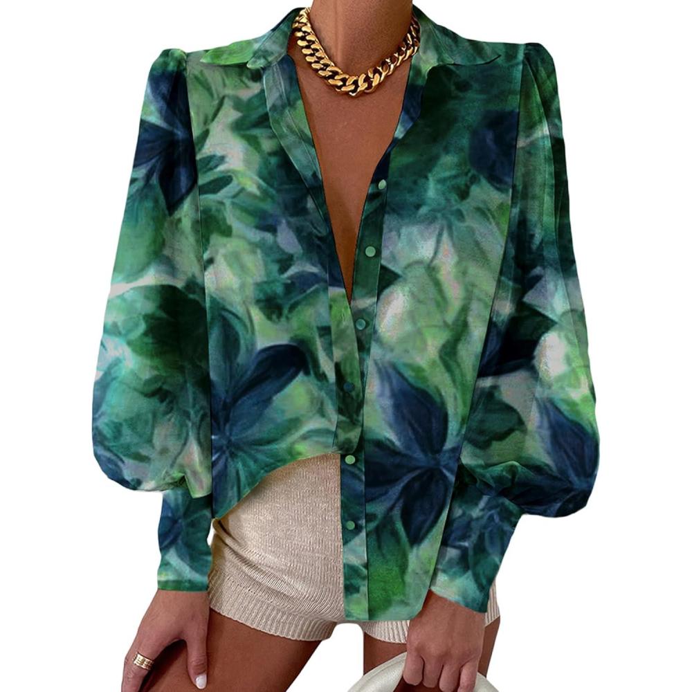 imageBTFBM Women Fashion Button Down Shirts V Neck Printed Solid Boho Long Sleeve Blouses Dressy Casual Summer Fall TopsPrint Green