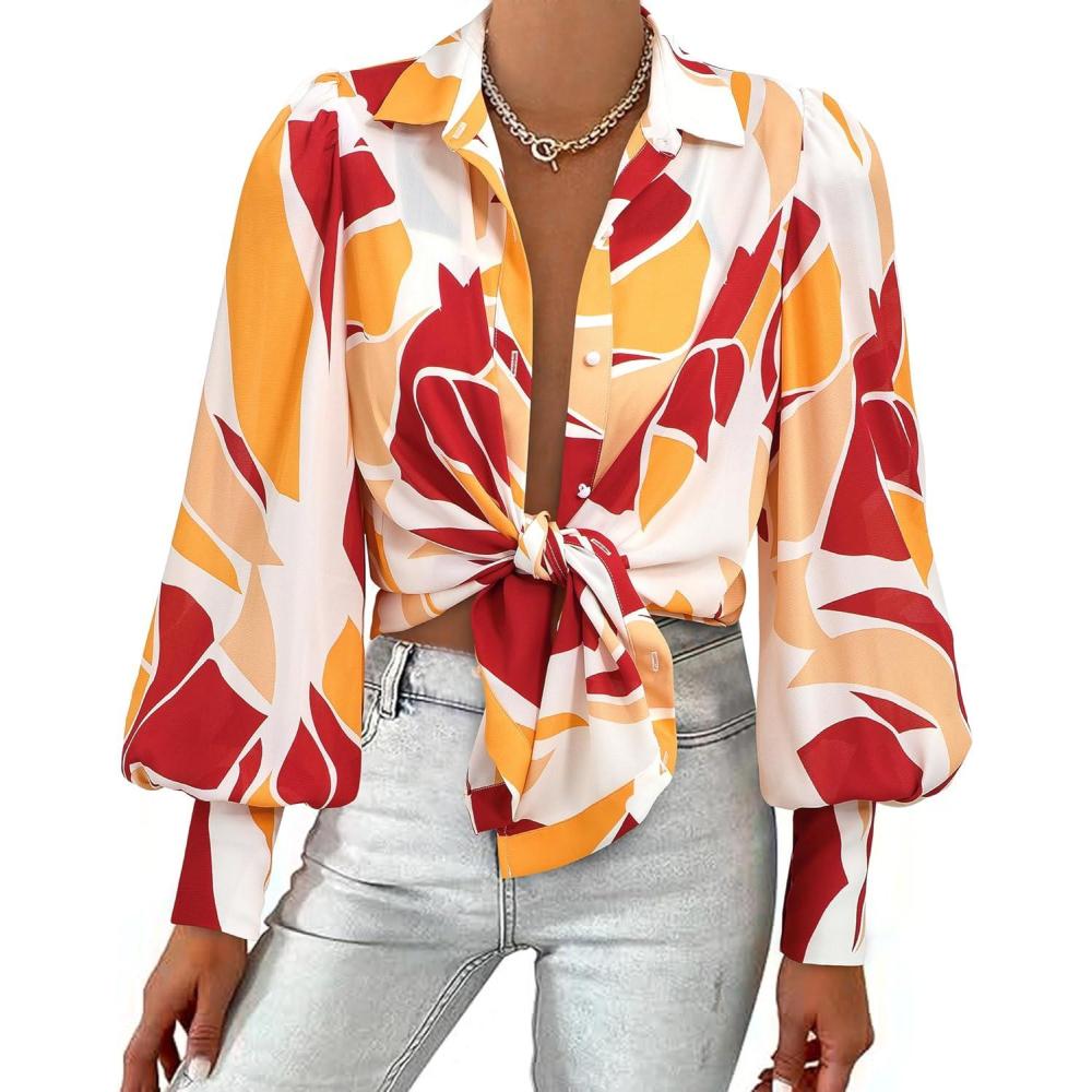 imageBTFBM Women Fashion Button Down Shirts V Neck Printed Solid Boho Long Sleeve Blouses Dressy Casual Summer Fall TopsPrint Red Brown