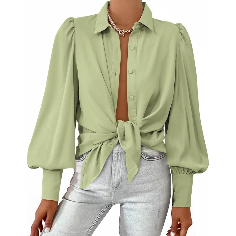 imageBTFBM Women Fashion Button Down Shirts V Neck Printed Solid Boho Long Sleeve Blouses Dressy Casual Summer Fall TopsSolid Green