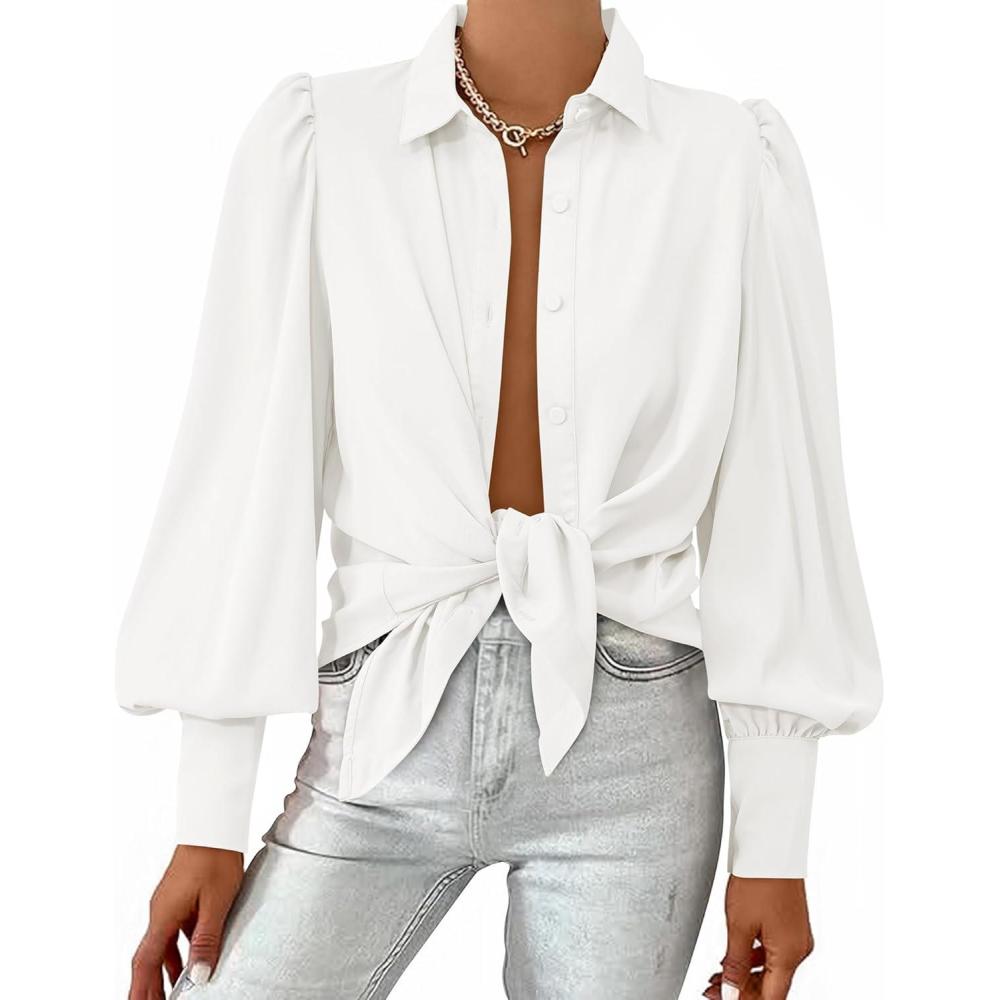 imageBTFBM Women Fashion Button Down Shirts V Neck Printed Solid Boho Long Sleeve Blouses Dressy Casual Summer Fall TopsSolid White