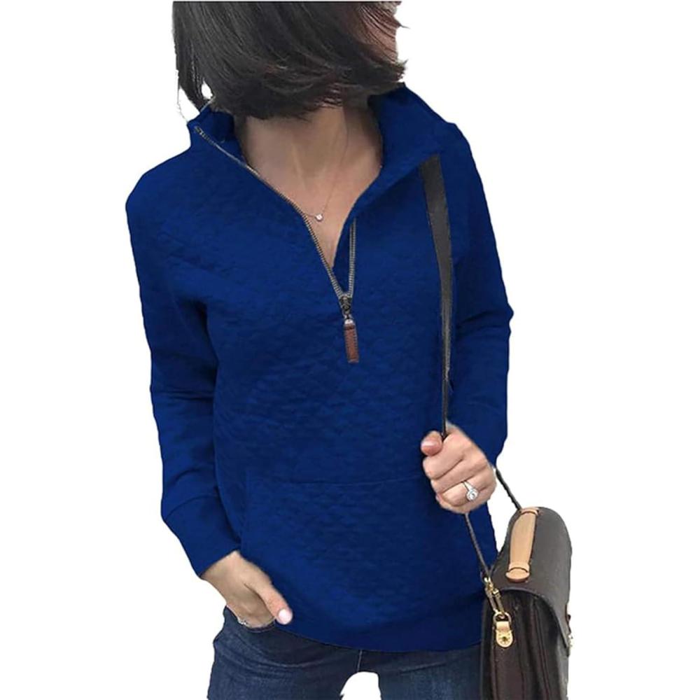 imageBTFBM Women Fashion Quilted Pattern Lightweight Zipper Long Sleeve Plain Casual Ladies Sweatshirts Pullovers Shirts TopsBlue