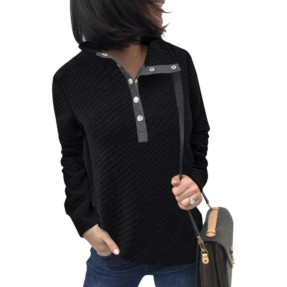 imageBTFBM Women Fashion Quilted Pattern Lightweight Zipper Long Sleeve Plain Casual Ladies Sweatshirts Pullovers Shirts TopsButton Black