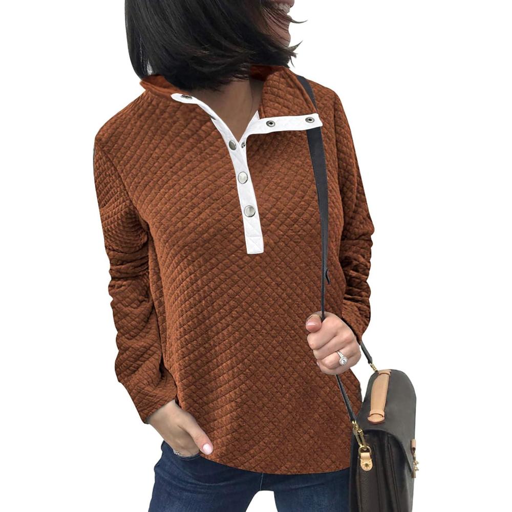 imageBTFBM Women Fashion Quilted Pattern Lightweight Zipper Long Sleeve Plain Casual Ladies Sweatshirts Pullovers Shirts TopsButtons Khaki