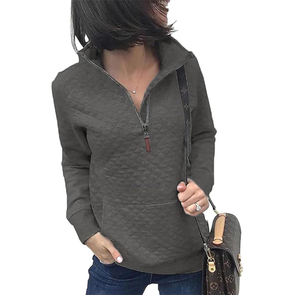 imageBTFBM Women Fashion Quilted Pattern Lightweight Zipper Long Sleeve Plain Casual Ladies Sweatshirts Pullovers Shirts TopsDark Grey