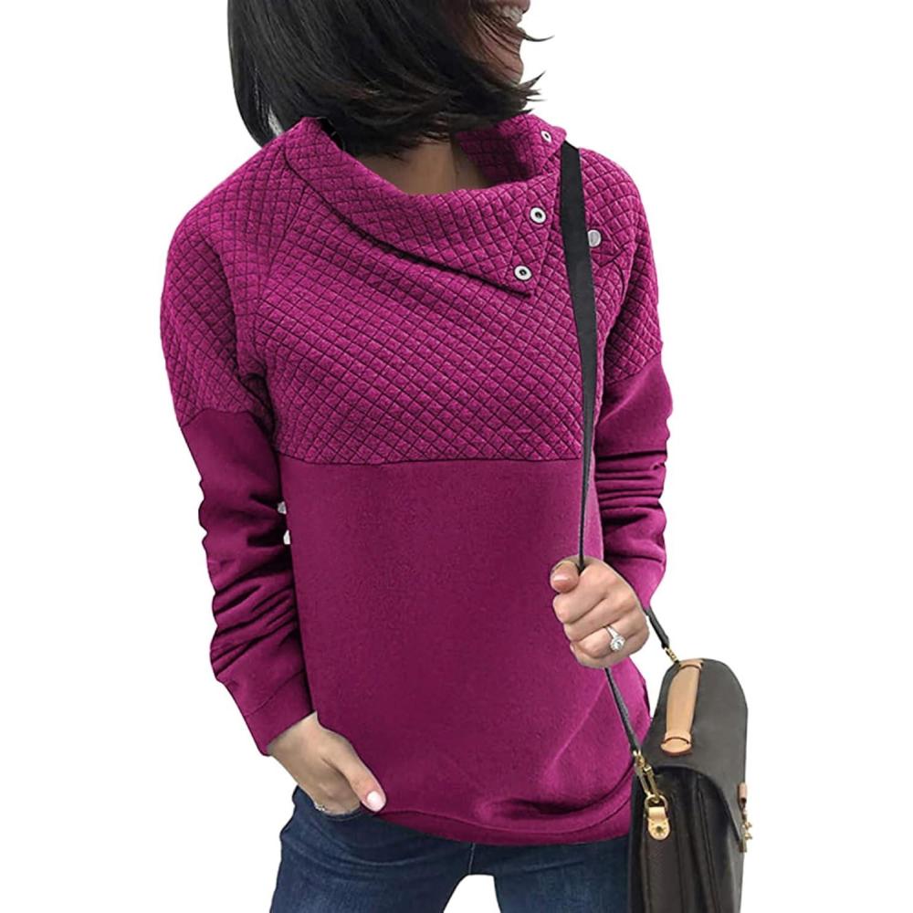 imageBTFBM Women Fashion Quilted Pattern Lightweight Zipper Long Sleeve Plain Casual Ladies Sweatshirts Pullovers Shirts TopsOblique Dark Rose Red