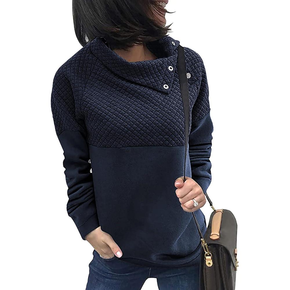 imageBTFBM Women Fashion Quilted Pattern Lightweight Zipper Long Sleeve Plain Casual Ladies Sweatshirts Pullovers Shirts TopsOblique Navy