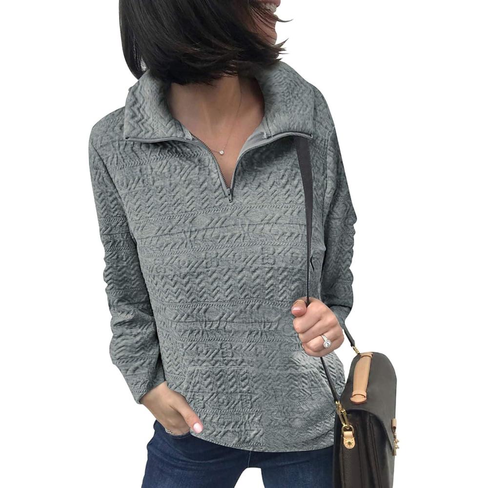 imageBTFBM Women Fashion Quilted Pattern Lightweight Zipper Long Sleeve Plain Casual Ladies Sweatshirts Pullovers Shirts TopsWhite and Grey