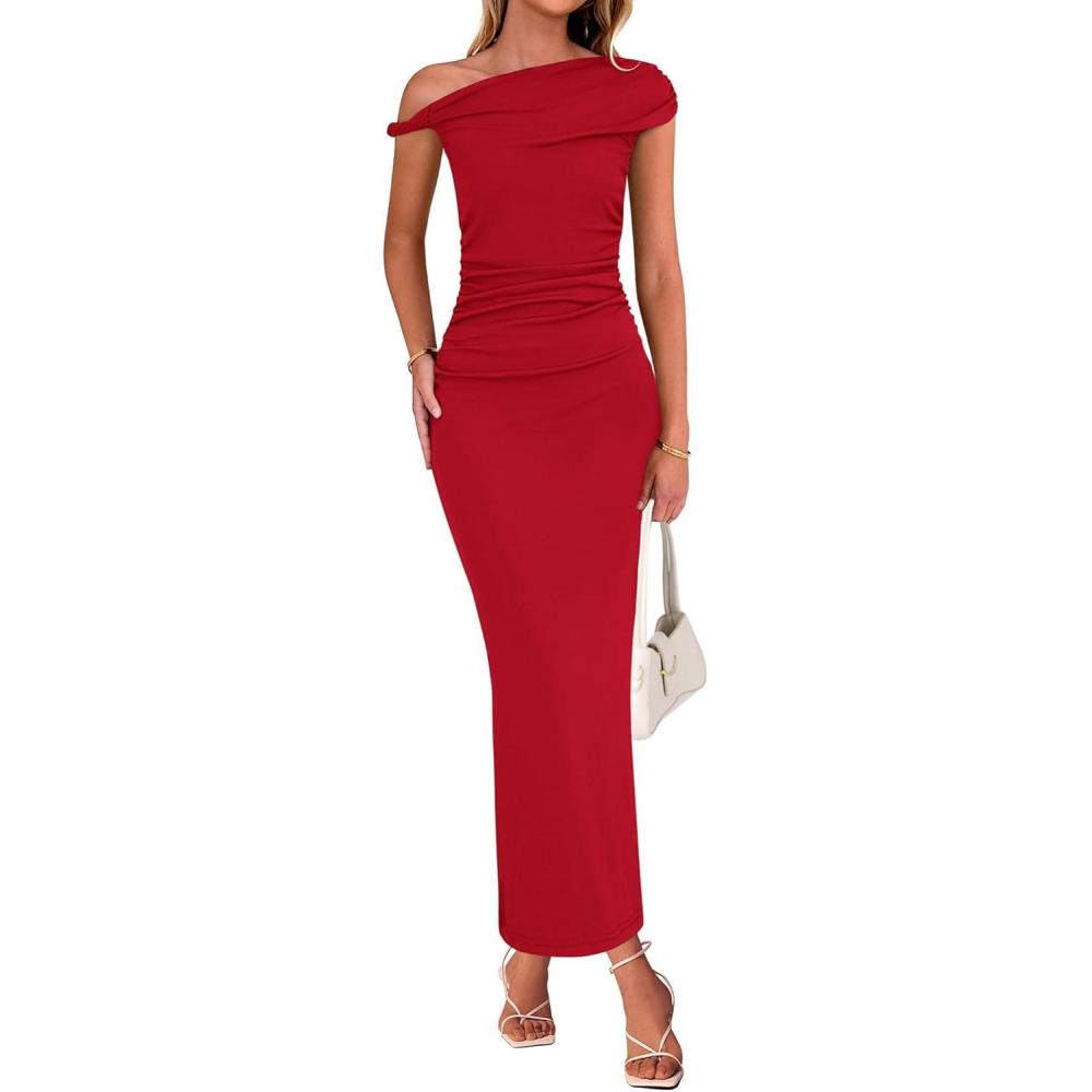 imageBTFBM Women Formal Cocktail Dresses Spring 2026 One Shoulder Twist Strap Ruched Bodycon Elegant Wedding Party Maxi DressRed