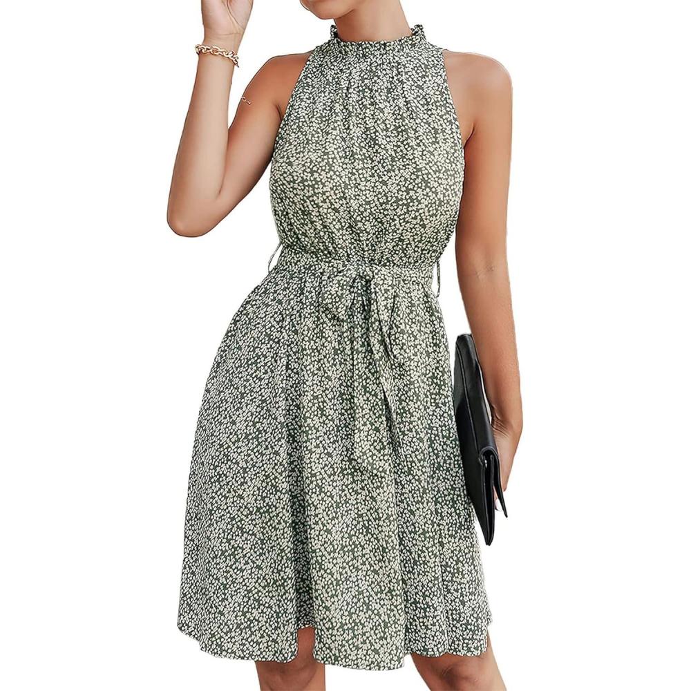 imageBTFBM Women Halter Neck Summer Dresses 2025 Spring Casual Sleeveless Floral Polka Dot Ruffle Mini Boho Beach Sun DressFloral Print Green