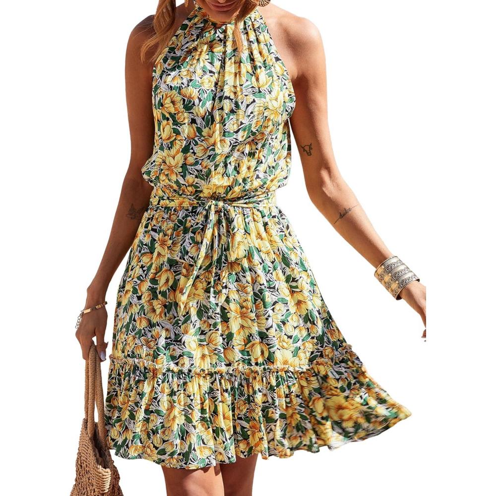 imageBTFBM Women Halter Neck Summer Dresses 2025 Spring Casual Sleeveless Floral Polka Dot Ruffle Mini Boho Beach Sun DressFloral Yellow
