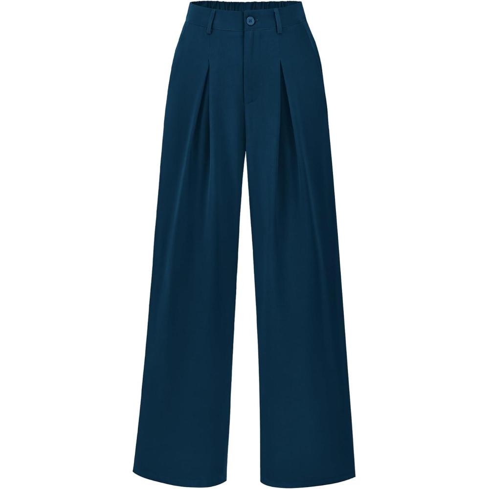 imageBTFBM Women High Waist Palazzo Pants Spring 2026 Casual Wide Leg Trousers Loose Work Office Business Suit Pant PocketsDark Blue
