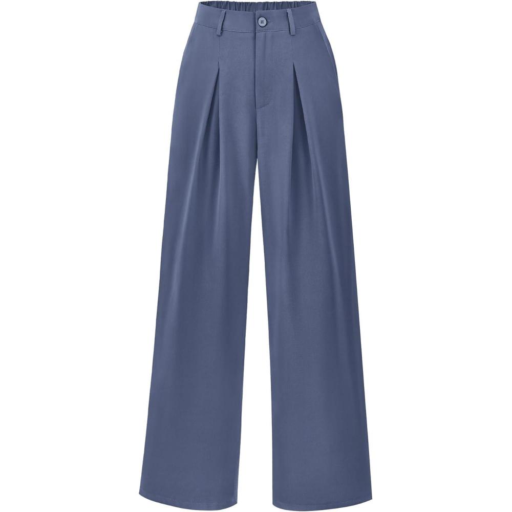 imageBTFBM Women High Waist Palazzo Pants Spring 2026 Casual Wide Leg Trousers Loose Work Office Business Suit Pant PocketsGrey Blue