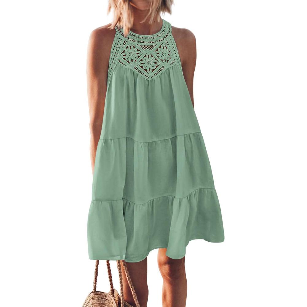 imageBTFBM Women Summer Dresses 2026 Casual Spring Clothes Sleeveless Halter Neck ALine Boho Mini Dress Beach Vacation SundressBean Green