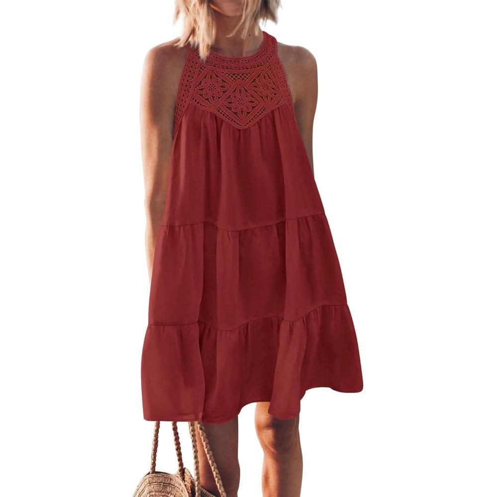 imageBTFBM Women Summer Dresses 2026 Casual Spring Clothes Sleeveless Halter Neck ALine Boho Mini Dress Beach Vacation SundressBrown Red