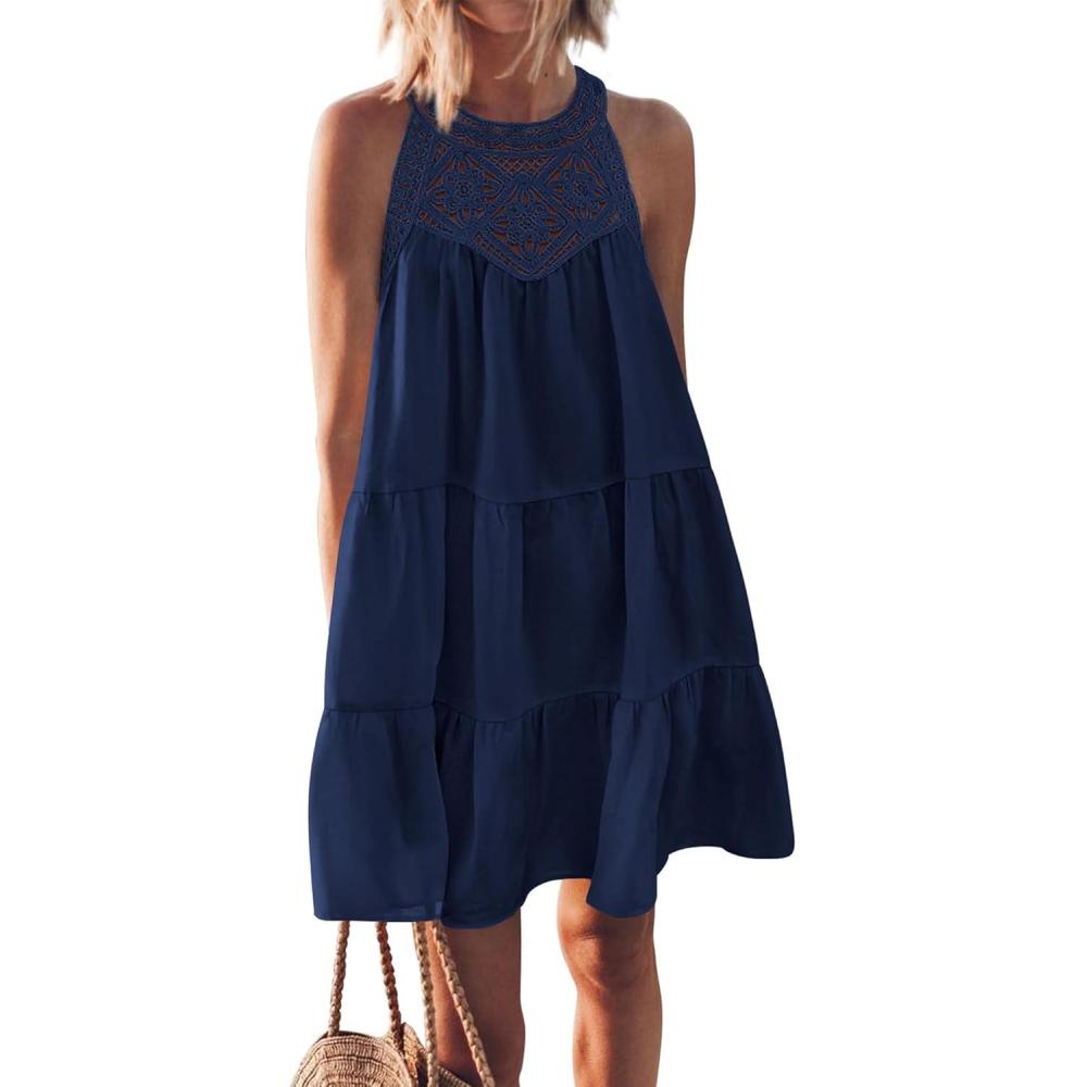 imageBTFBM Women Summer Dresses 2026 Casual Spring Clothes Sleeveless Halter Neck ALine Boho Mini Dress Beach Vacation SundressDark Blue